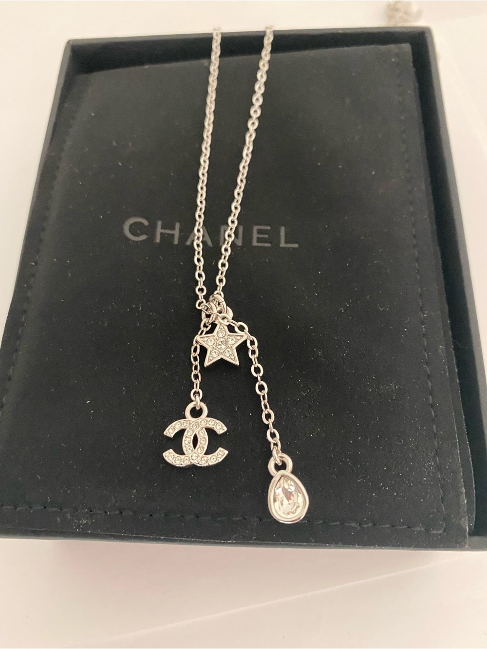CHANEL Silver CC Logo Star and Teardrop Pendant Necklace